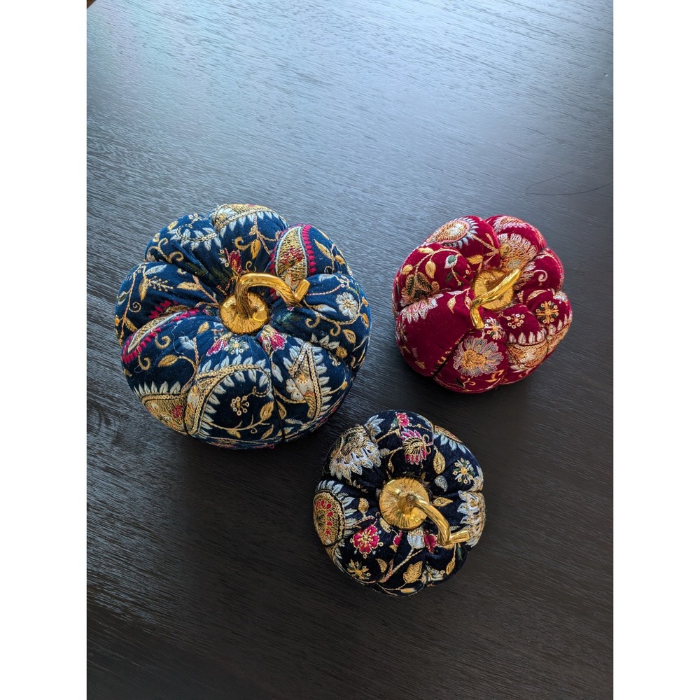 Glittering Embroidered Velvet Pumpkin Set of 3 Autumn Bohemian Zardozi Paisley